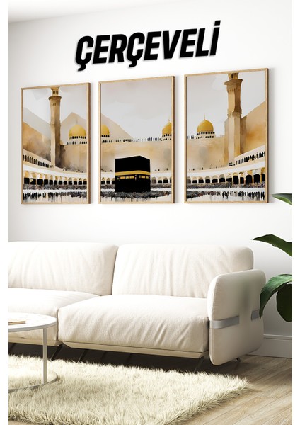 🌟 Kabe Manzaralı 3'lü Tablo Seti – Islami ve Zarif Dekor 🌙🕋 🌸 CRV1205 32 x 42