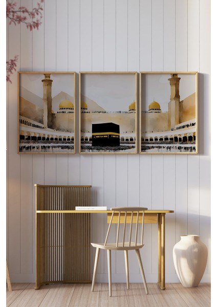 🌟 Kabe Manzaralı 3'lü Tablo Seti – Islami ve Zarif Dekor 🌙🕋 🌸 CRV1205 32 x 42 fiyatları