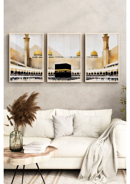 🌟 Kabe Manzaralı 3'lü Tablo Seti – Islami ve Zarif Dekor 🌙🕋 🌸 CRV1205 32 x 42 fırsatları