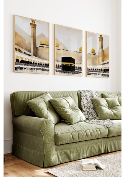 🌟 Kabe Manzaralı 3'lü Tablo Seti – Islami ve Zarif Dekor 🌙🕋 🌸 CRV1205 32 x 42 indirimleri