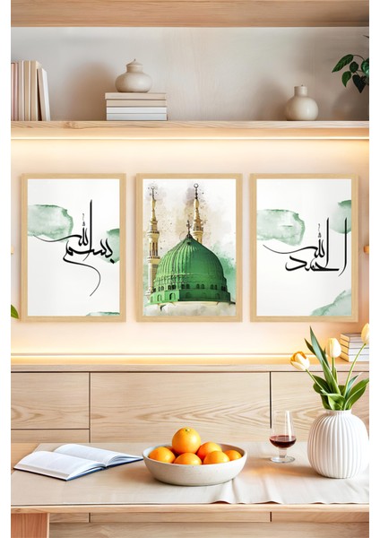 🌿 Yeşil Kubbe ve Hat Yazılı Çerçeve Görünümlü 3'lü Tablo Seti – 3 Ebat Seçeneğiyle! 🕋 CRVS1196 13 x 17
