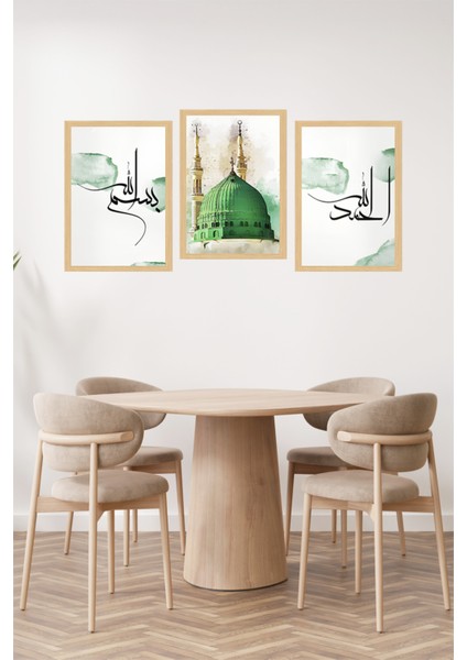 🌿 Yeşil Kubbe ve Hat Yazılı Çerçeve Görünümlü 3'lü Tablo Seti – 3 Ebat Seçeneğiyle! 🕋 CRVS1196 13 x 17 fiyatları