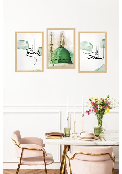 🌿 Yeşil Kubbe ve Hat Yazılı Çerçeve Görünümlü 3'lü Tablo Seti – 3 Ebat Seçeneğiyle! 🕋 CRVS1196 13 x 17 fırsatları