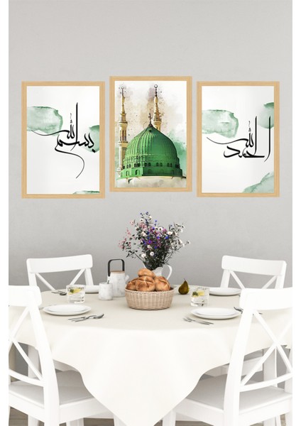 🌿 Yeşil Kubbe ve Hat Yazılı Çerçeve Görünümlü 3'lü Tablo Seti – 3 Ebat Seçeneğiyle! 🕋 CRVS1196 13 x 17 indirimleri