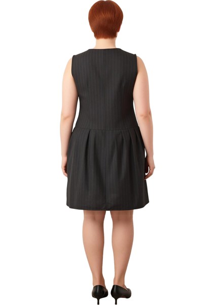 Kadın Ofis Şıklığına Özel Çizgili Dokuma Jile Elbise Kolsuz Düğme Detaylı Mini Tasarım Kaliteli fiyatları