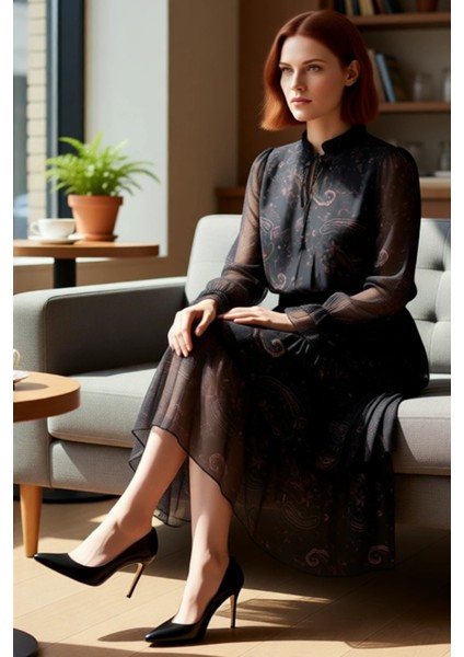 Kadın Skater Kalıp Midi Elbise Şal Desenli Şifon Dokuma Kumaş Boyundan Bağlamalı Uzun Kol Kaliteli fırsatları