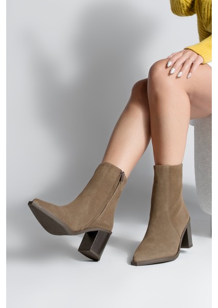 Kadın Sivri Burun Fermuarlı Kalın Ökçe Topuklu Bot Ranka Kahve Süet fiyatları