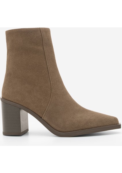 Kadın Sivri Burun Fermuarlı Kalın Ökçe Topuklu Bot Ranka Kahve Süet modelleri