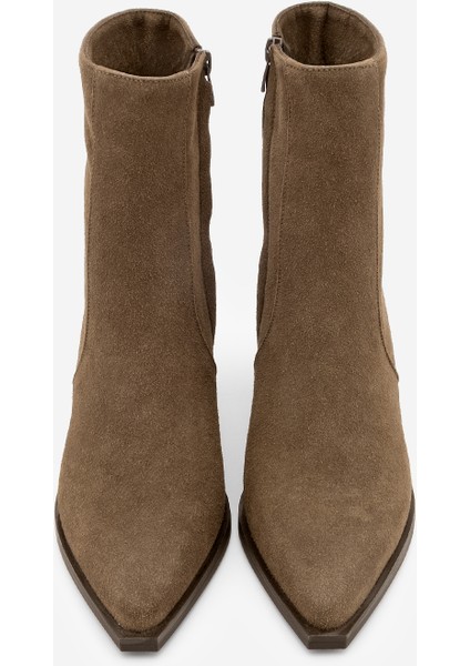 Kadın Sivri Burun Fermuarlı Kalın Ökçe Topuklu Bot Ranka Kahve Süet