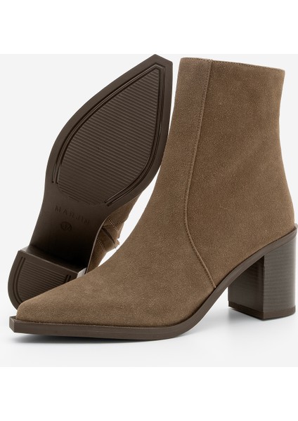 Kadın Sivri Burun Fermuarlı Kalın Ökçe Topuklu Bot Ranka Kahve Süet