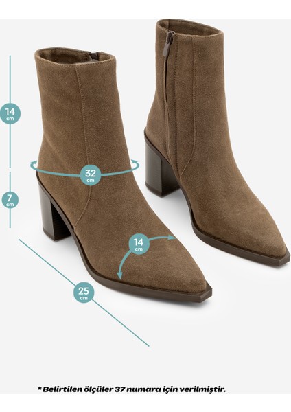 Kadın Sivri Burun Fermuarlı Kalın Ökçe Topuklu Bot Ranka Kahve Süet