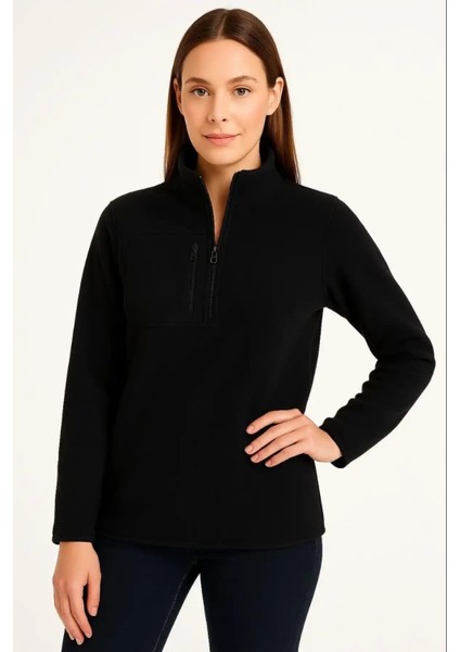 Kadın Polar Kazak – Dik Yaka, Yarım Fermuarlı, Fermuarlı Göğüs Cepli, Siyah Biyeli, Kışlık Rahat Regular Fit Günlük Model - Siyah