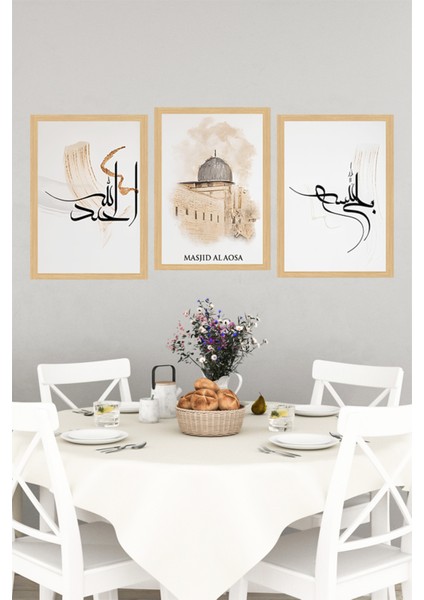 🌟mescid-I Aksa ve Hat Sanatı Temalı 3’lü Çerçeve Görünümlü Tablo Seti 🌙✨ CRVS1201 13 x 17 indirimleri