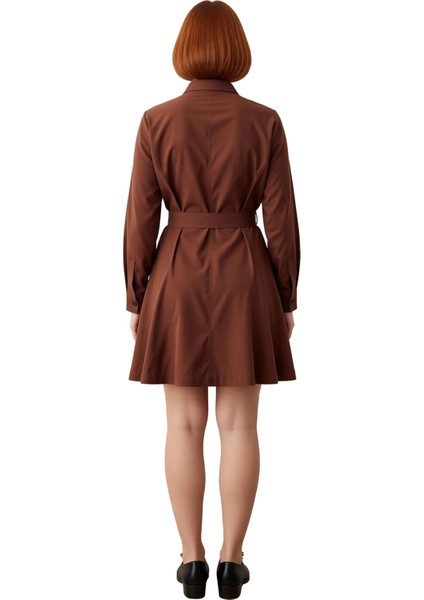 Kadınlar Için Modern Kahverengi Gömlek Yaka Düz Dokuma Elbise Uzun Kollu Kış Şıklığına Uygun fiyatları