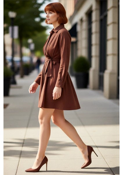 Kadınlar Için Modern Kahverengi Gömlek Yaka Düz Dokuma Elbise Uzun Kollu Kış Şıklığına Uygun modelleri
