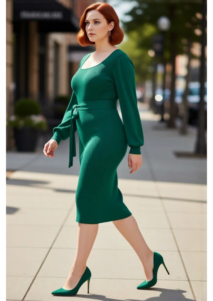 Kadın Midi Boy Bodycon Triko Elbise Kare Yaka Balon Kol Kuşaklı Fitilli Şık Kışlık Tasarım modelleri