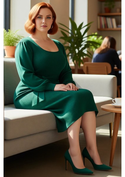 Kadın Midi Boy Bodycon Triko Elbise Kare Yaka Balon Kol Kuşaklı Fitilli Şık Kışlık Tasarım fırsatları