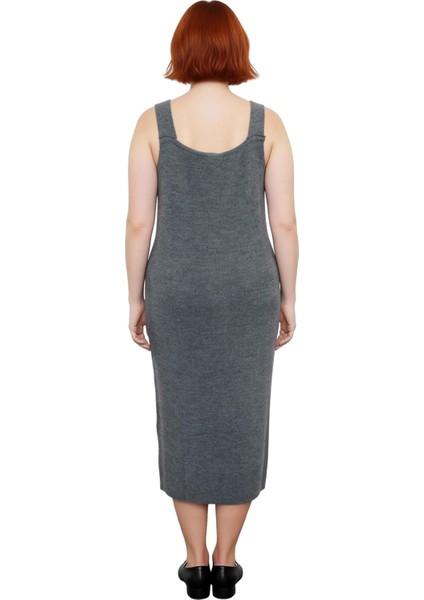 Kadın Triko Midi Elbise Shift Kalıp Gri Düz Desen V Yaka Günlük Şık Akrilik Ilkbahar Sonbahar fiyatları