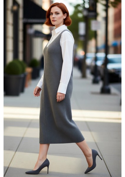 Kadın Triko Midi Elbise Shift Kalıp Gri Düz Desen V Yaka Günlük Şık Akrilik Ilkbahar Sonbahar modelleri
