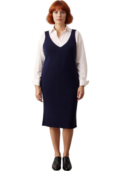 Kadın Triko Midi Elbise Shift Kalıp Gri Düz Desen V Yaka Günlük Şık Akrilik Ilkbahar Sonbahar