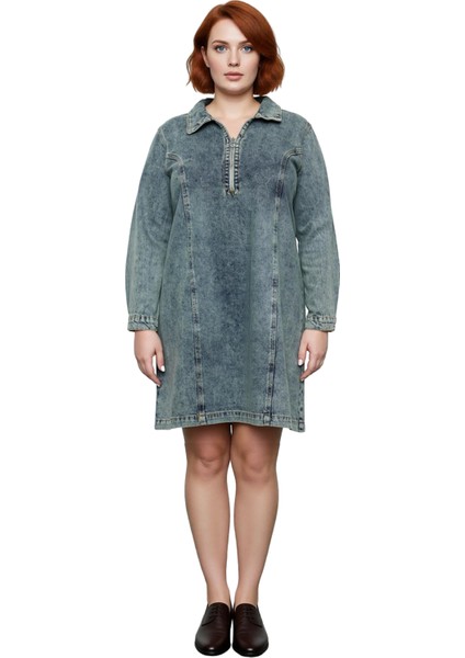 Kadınlara Özel %100 Pamuk Mavi Düz Desen Gömlek Yaka Denim Shift Kalıp Mini Elbise Kaliteli