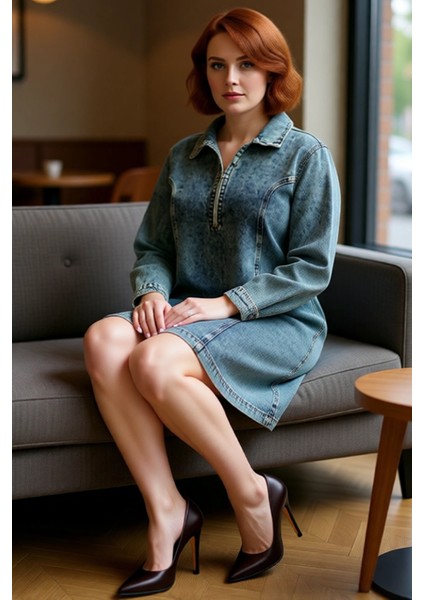 Kadınlara Özel %100 Pamuk Mavi Düz Desen Gömlek Yaka Denim Shift Kalıp Mini Elbise Kaliteli fırsatları