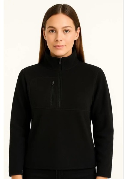 Kadın Polar Kazak – Dik Yaka, Yarım Fermuarlı, Fermuarlı Göğüs Cepli, Siyah Biyeli, Kışlık Rahat Regular Fit Günlük Model - Siyah fiyatları