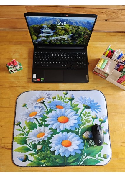55X45 cm Beyaz Papatyalar Kaydırmaz Taban Speed Yüzey Oyuncu Mouse Pad Gaming Pad