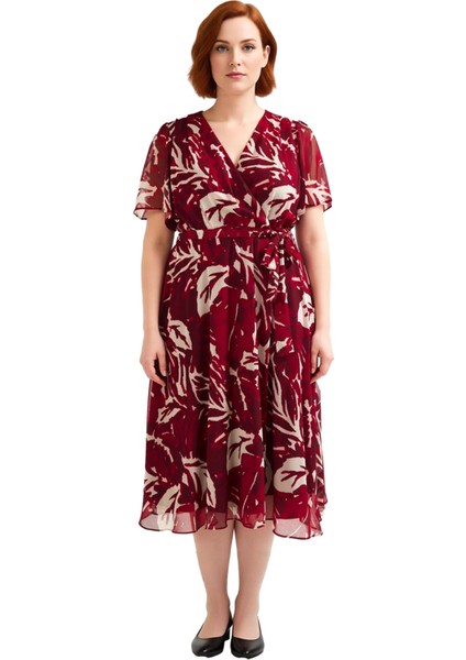 Kadın Şifon Kumaş Melek Kol V Yaka Çiçek Desenli A Line Kruvaze Maxi Elbise Ilkbahar Yaz Kaliteli