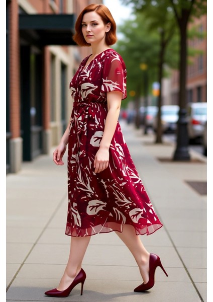 Kadın Şifon Kumaş Melek Kol V Yaka Çiçek Desenli A Line Kruvaze Maxi Elbise Ilkbahar Yaz Kaliteli modelleri