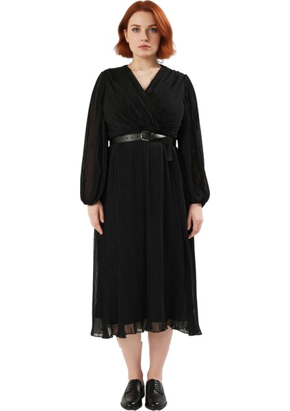 Zarif Kadın Büyük Beden Piliseli Şifon Kruvaze Midi Elbise Uzun Kollu Kemerli Kombin Kaliteli