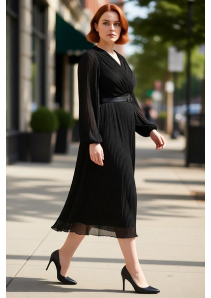 Zarif Kadın Büyük Beden Piliseli Şifon Kruvaze Midi Elbise Uzun Kollu Kemerli Kombin Kaliteli modelleri