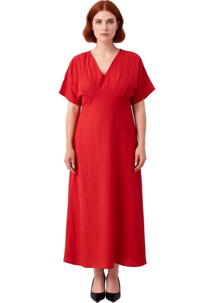 Kadın Şık V Yaka Kısa Kol A Line Büyük Beden Maxi Elbise Dokuma Crinkle Kumaş Rahat Giy Çık