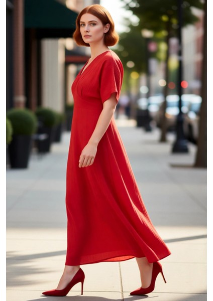 Kadın Şık V Yaka Kısa Kol A Line Büyük Beden Maxi Elbise Dokuma Crinkle Kumaş Rahat Giy Çık modelleri