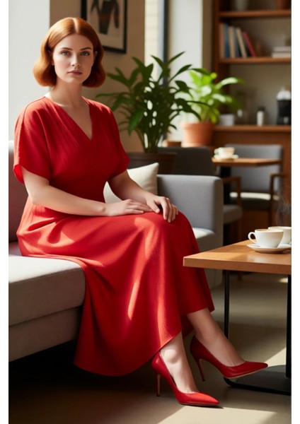 Kadın Şık V Yaka Kısa Kol A Line Büyük Beden Maxi Elbise Dokuma Crinkle Kumaş Rahat Giy Çık fırsatları