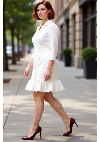 Kadın Büyük Beden Ekru Düz Desen Ceket Yaka Astarsız Truvakar Kol Mini Elbise Kaliteli modelleri