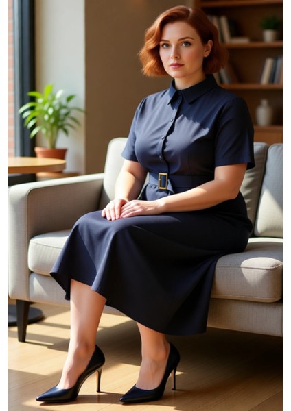 Büyük Beden Kadın Düz Desen Gömlek Elbise Standart Kol Yaka Kemerli Midi Boy Kaliteli fırsatları