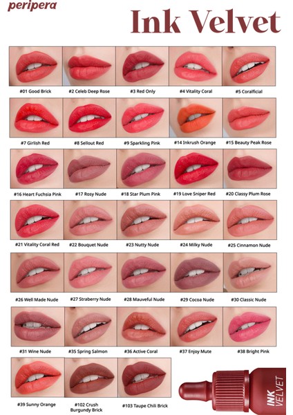 Yüksek Pigmentli, Kadife Görünümlü, Gün Boyu Kalıcı Tint PERIPERA Ink Velvet (8 Sellout Red)