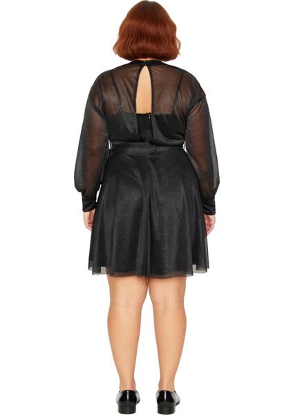 Büyük Beden Kadın Siyah Skater Mini Elbise Uzun Kollu Tül Dokulu Şık Gece Elbisesi Kaliteli fiyatları