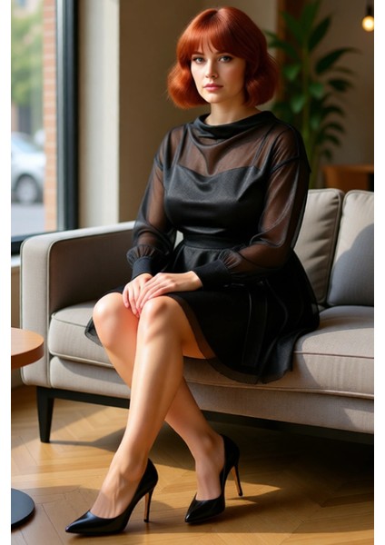 Büyük Beden Kadın Siyah Skater Mini Elbise Uzun Kollu Tül Dokulu Şık Gece Elbisesi Kaliteli fırsatları