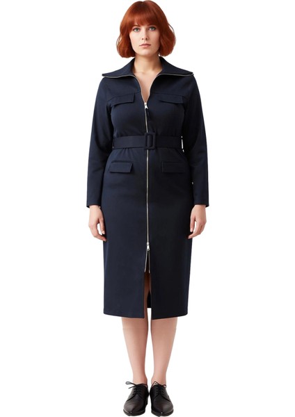 Kadın Büyük Beden Rahat Kesim Lacivert Gabardin Dokuma Gömlek Elbise Kuşaklı Uzun Kollu Stil