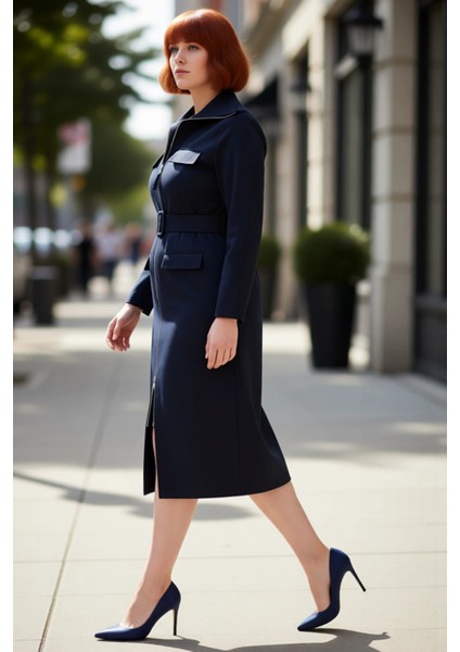 Kadın Büyük Beden Rahat Kesim Lacivert Gabardin Dokuma Gömlek Elbise Kuşaklı Uzun Kollu Stil modelleri