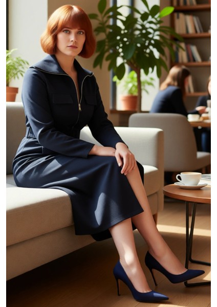 Kadın Büyük Beden Rahat Kesim Lacivert Gabardin Dokuma Gömlek Elbise Kuşaklı Uzun Kollu Stil fırsatları