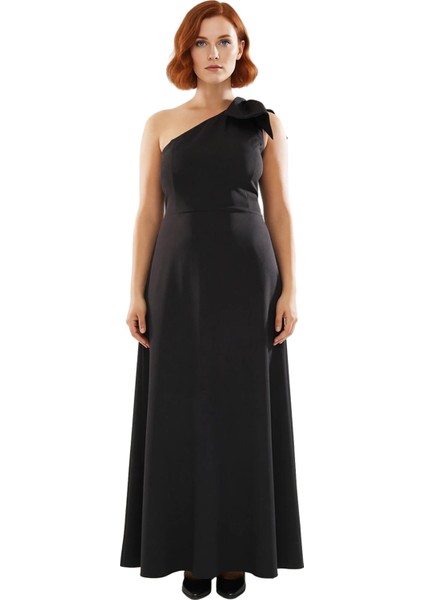 Kadın Siyah Dokuma Asimetrik Yaka Maxi Elbise Büyük Beden Tek Omuz Detaylı Abiye Şıklığı Kaliteli