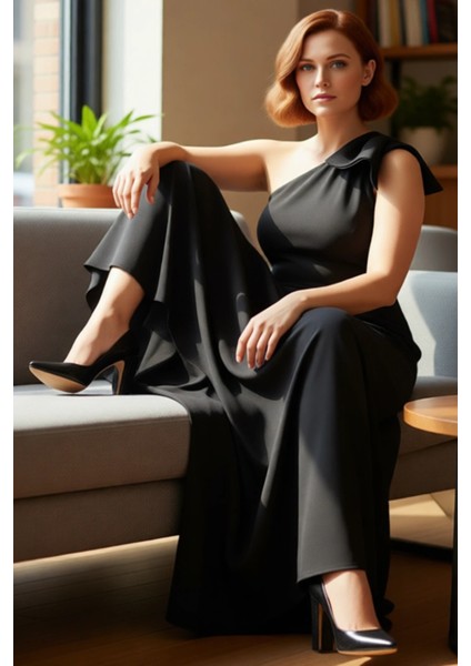 Kadın Siyah Dokuma Asimetrik Yaka Maxi Elbise Büyük Beden Tek Omuz Detaylı Abiye Şıklığı Kaliteli fırsatları