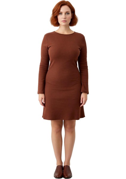 Büyük Beden Kadınlar Için Örme A Line Elbise Bisiklet Yaka Uzun Kollu Mini Boy Kış Şıklığı