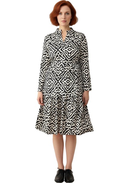 Kadın Uzun Kollu A Line Kısa Örme Etnik Desenli Polo Yaka Bürümcük Günlük Elbise Modern Stil