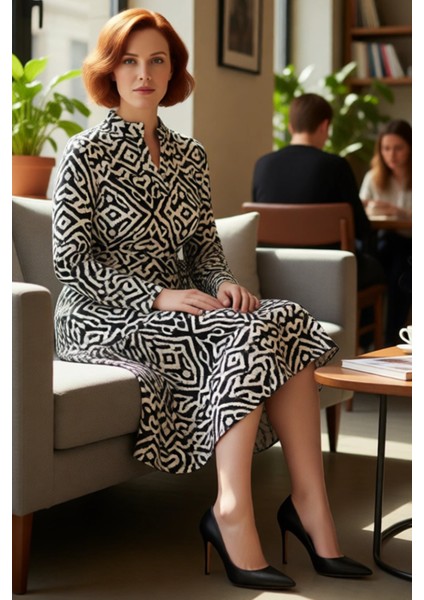 Kadın Uzun Kollu A Line Kısa Örme Etnik Desenli Polo Yaka Bürümcük Günlük Elbise Modern Stil fırsatları