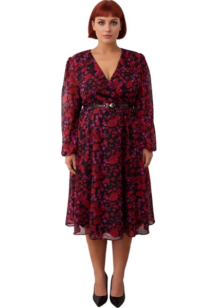 Kadın Bordo Çiçek Desenli Kruvaze Midi Boy Şifon Elbise Balon Kol V Yaka Ilkbahar Sonbahar