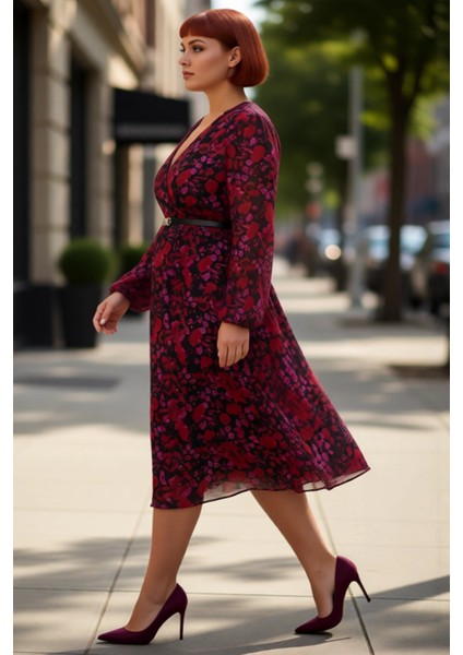 Kadın Bordo Çiçek Desenli Kruvaze Midi Boy Şifon Elbise Balon Kol V Yaka Ilkbahar Sonbahar modelleri